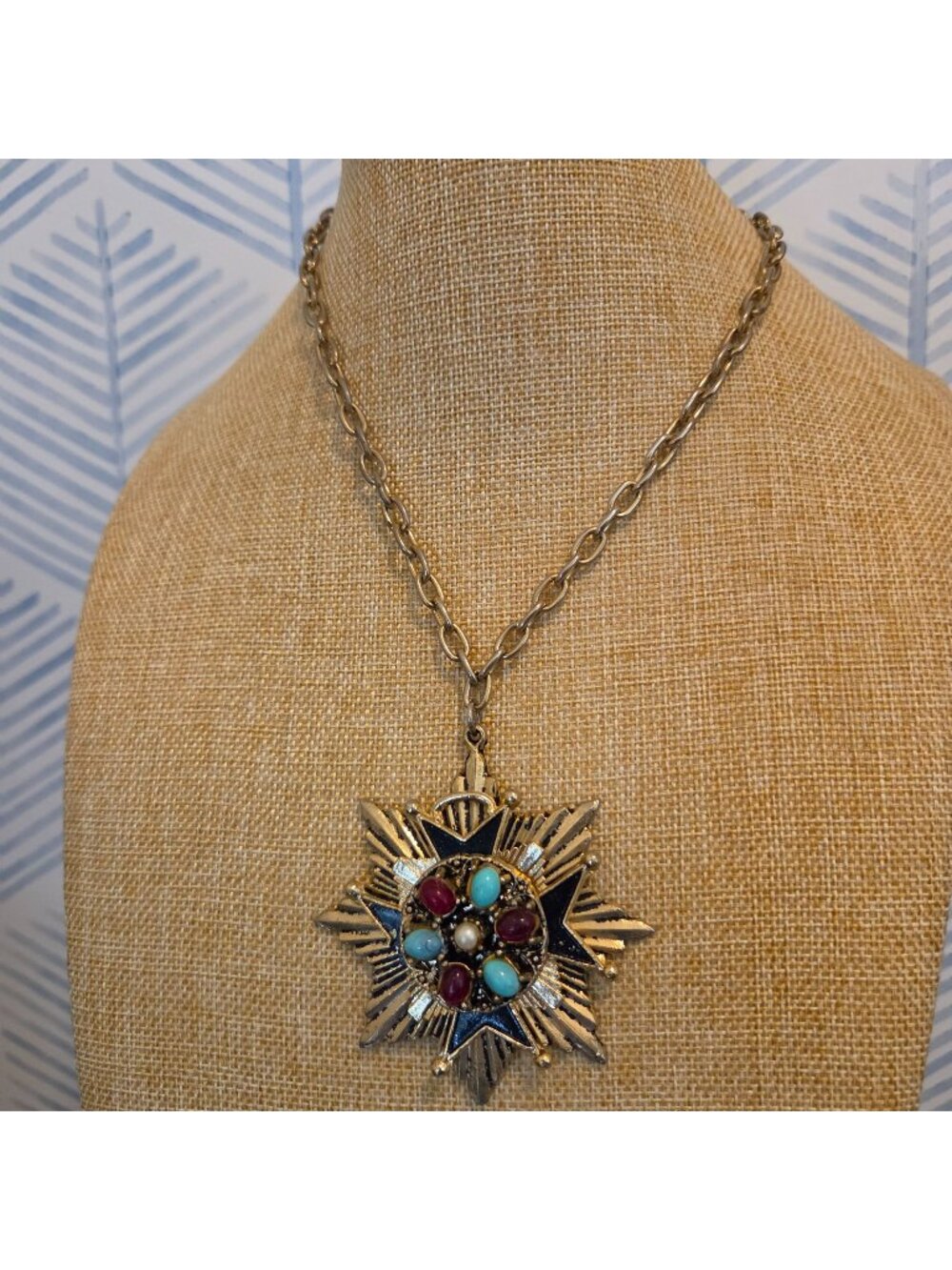 Vintage Maltese Cross Gold Tone Chain Necklace Blue Red & Faux Pearl Cabachons